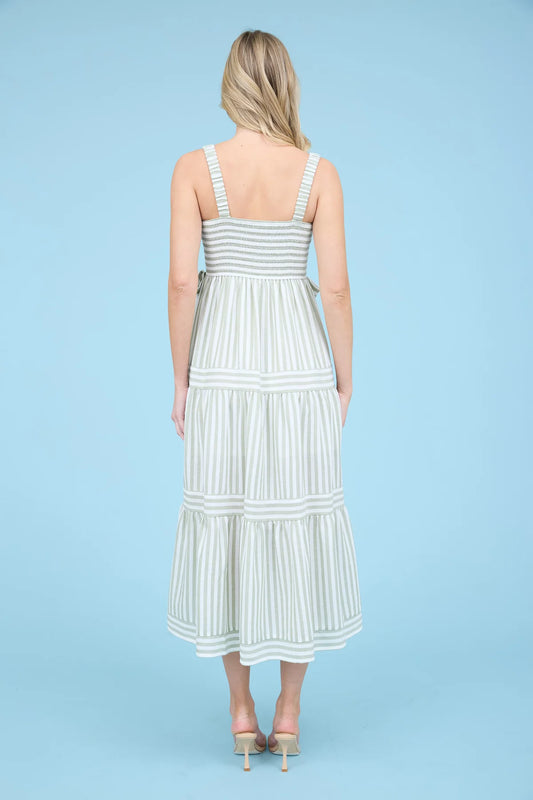 Stripe Tiered Midi Dress with Bow Detail