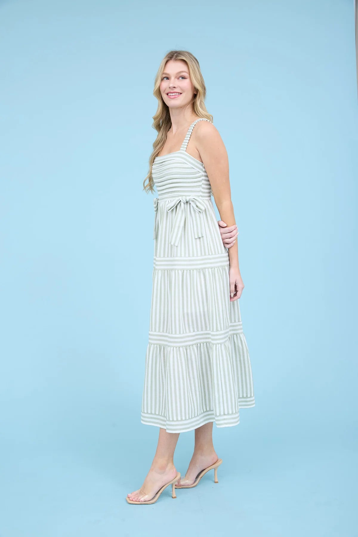 Stripe Tiered Midi Dress with Bow Detail