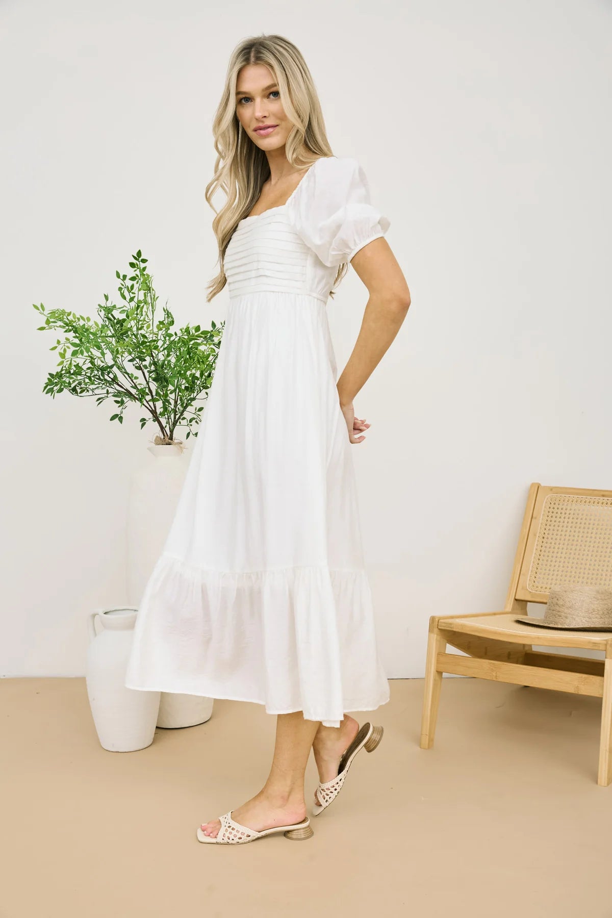 Pleated Puff Sleeve Midi Dress