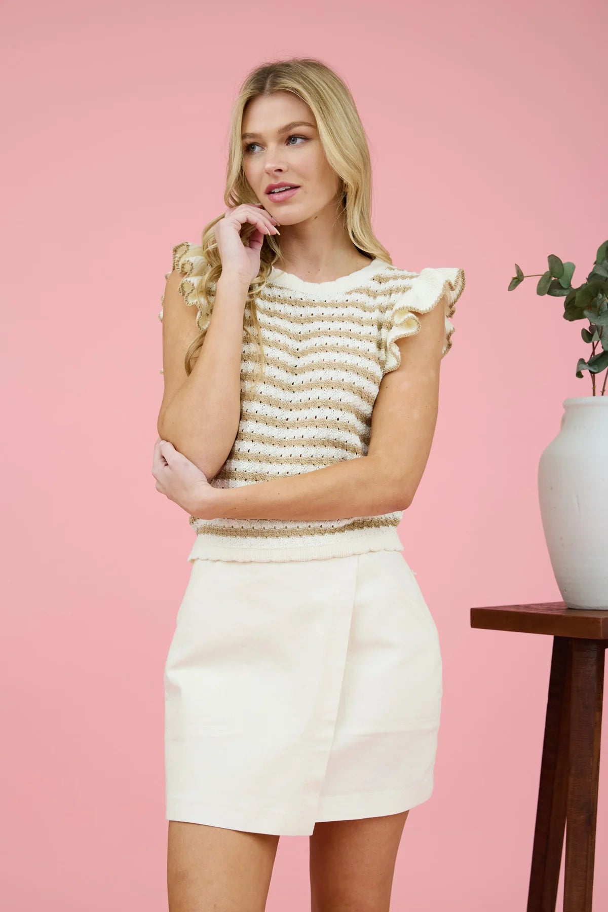 Stripe Short Sleeve Ruffle Top