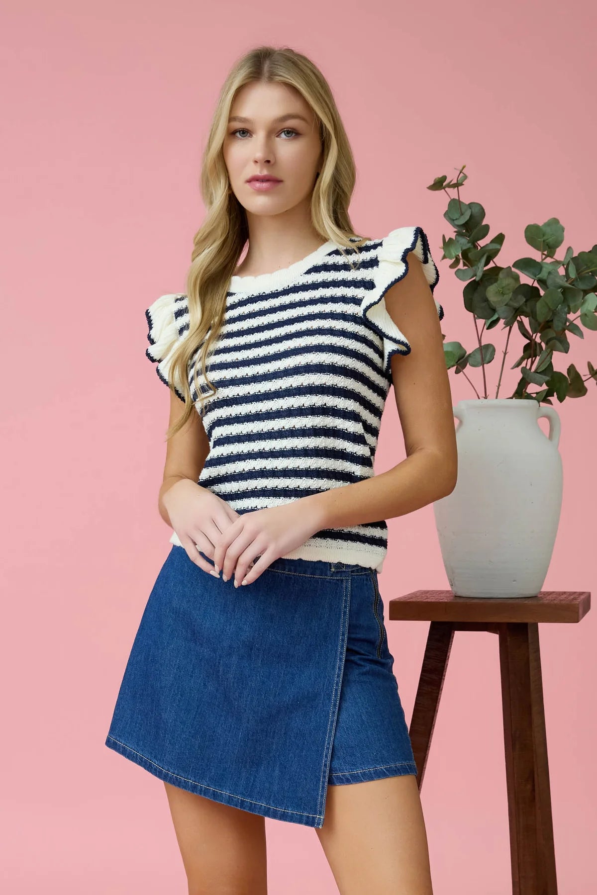 Stripe Short Sleeve Ruffle Top