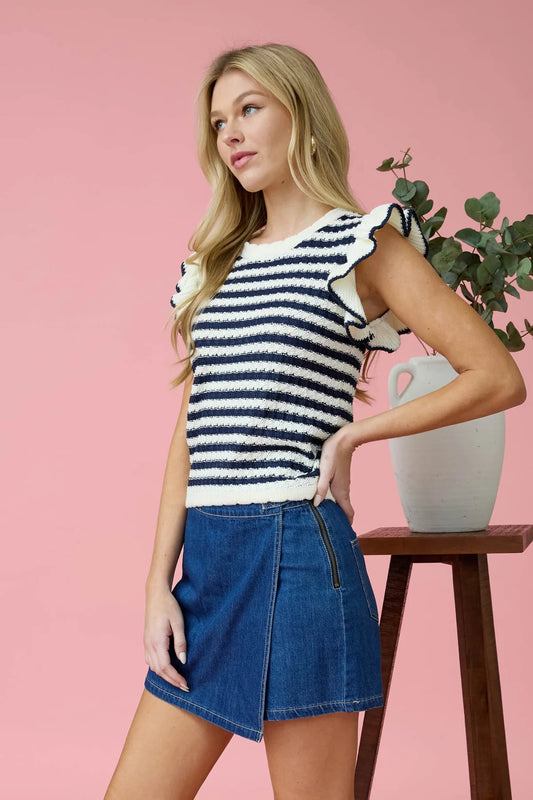 Stripe Short Sleeve Ruffle Top