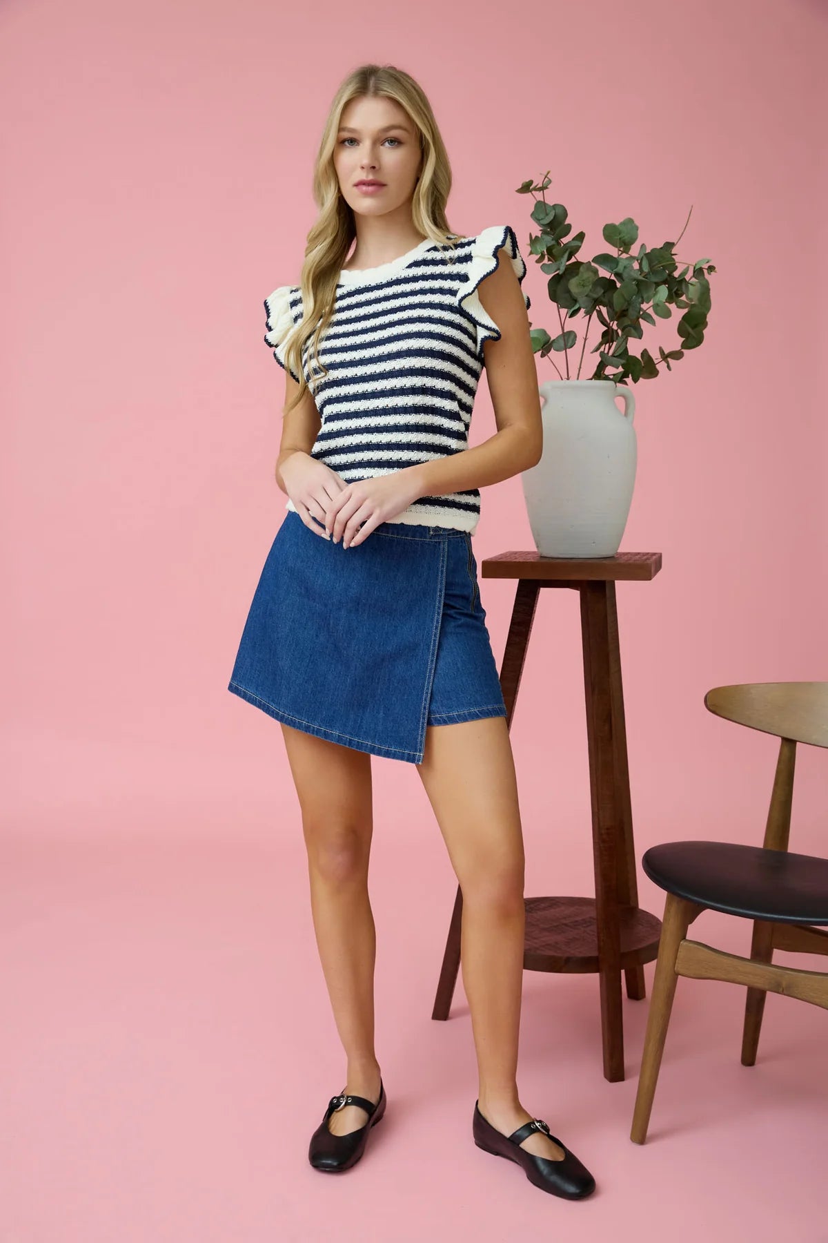 Stripe Short Sleeve Ruffle Top