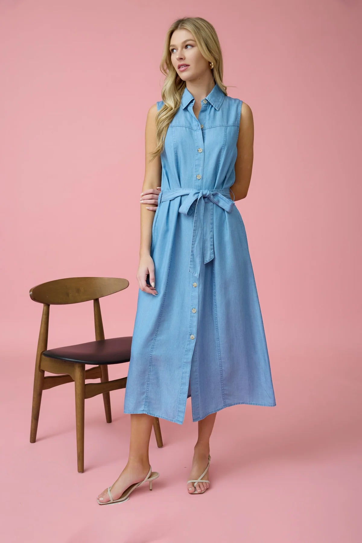 Sleeveless Button Up Chambray Midi Dress