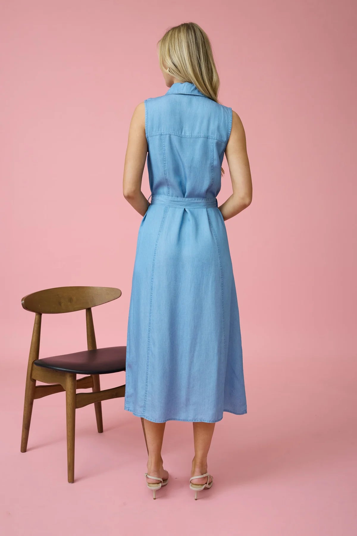 Sleeveless Button Up Chambray Midi Dress