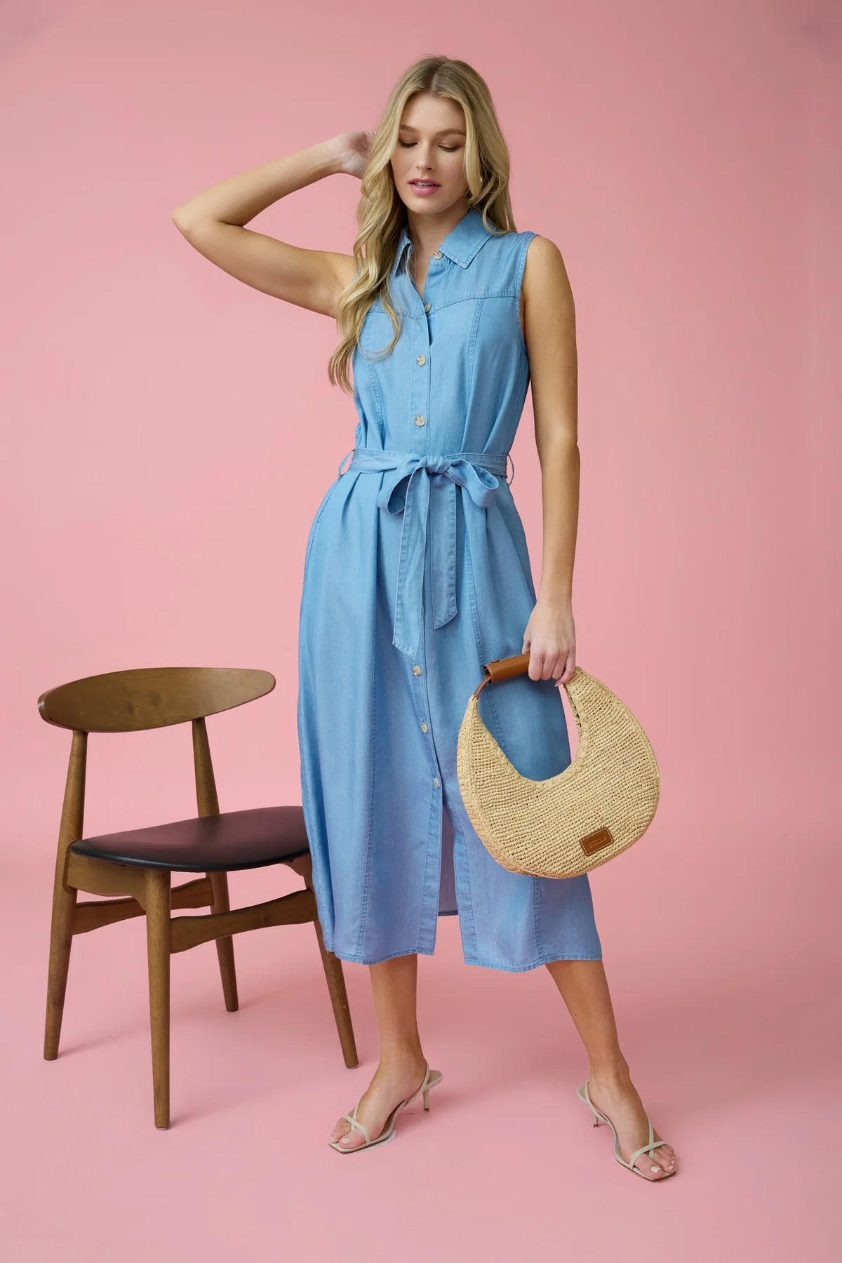 Sleeveless Button Up Chambray Midi Dress