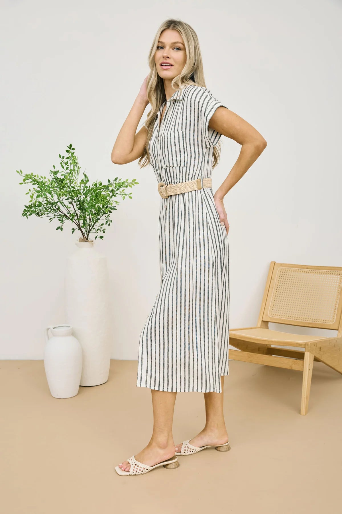 Stripe Button Down Midi Dress