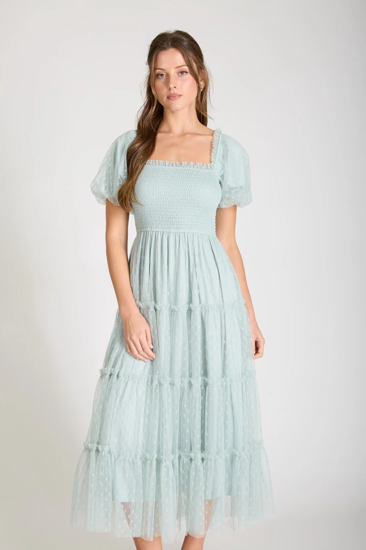 Polka Dot Puff Sleeve Tulle Midi Dress
