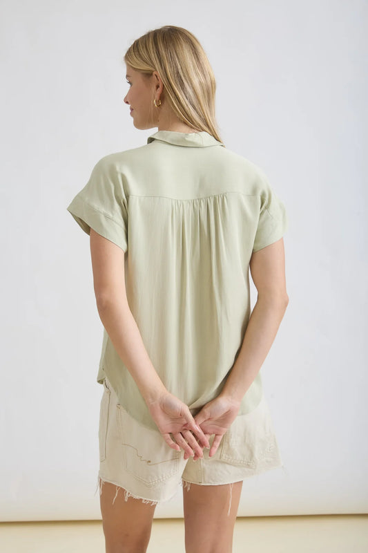 Collared Ruched Shoulder Short Sleeve Shirt