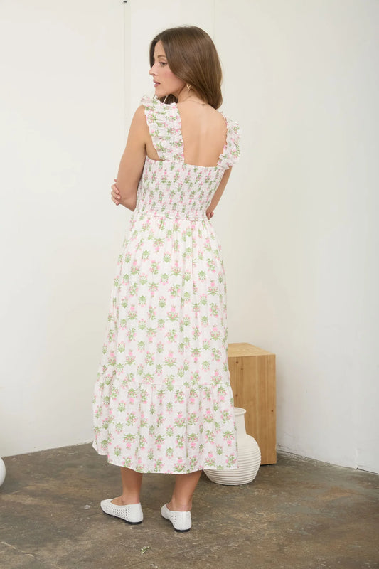 Floral Tile Smocked Midi Dress
