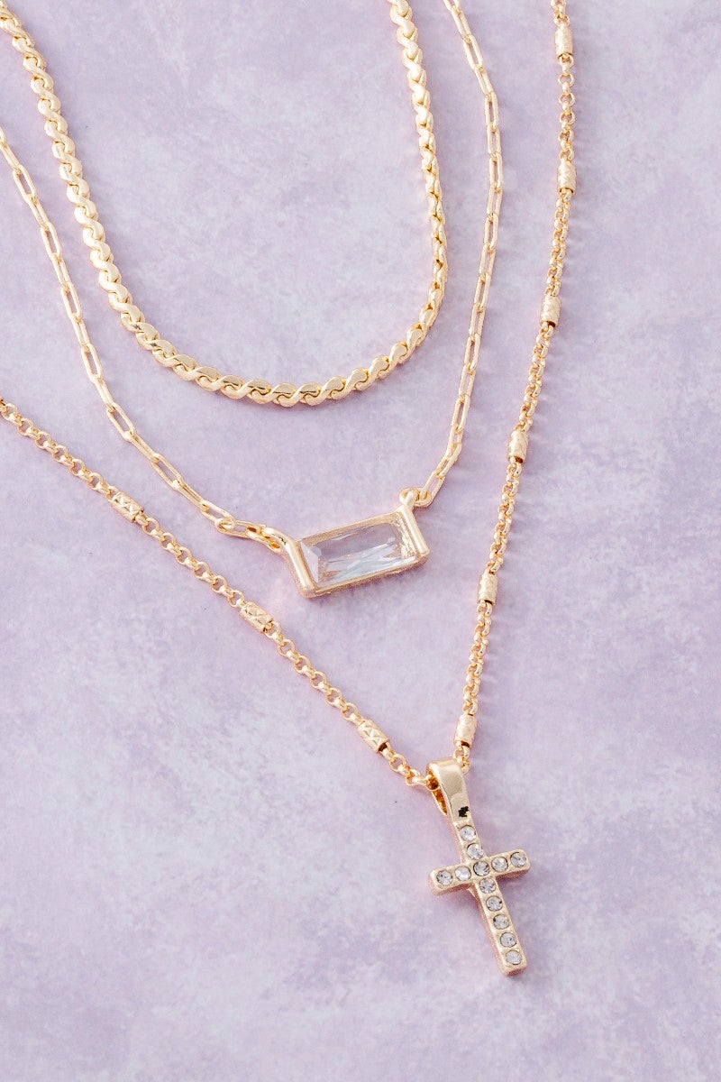 Triple Layered Chain Pave Charm Necklace