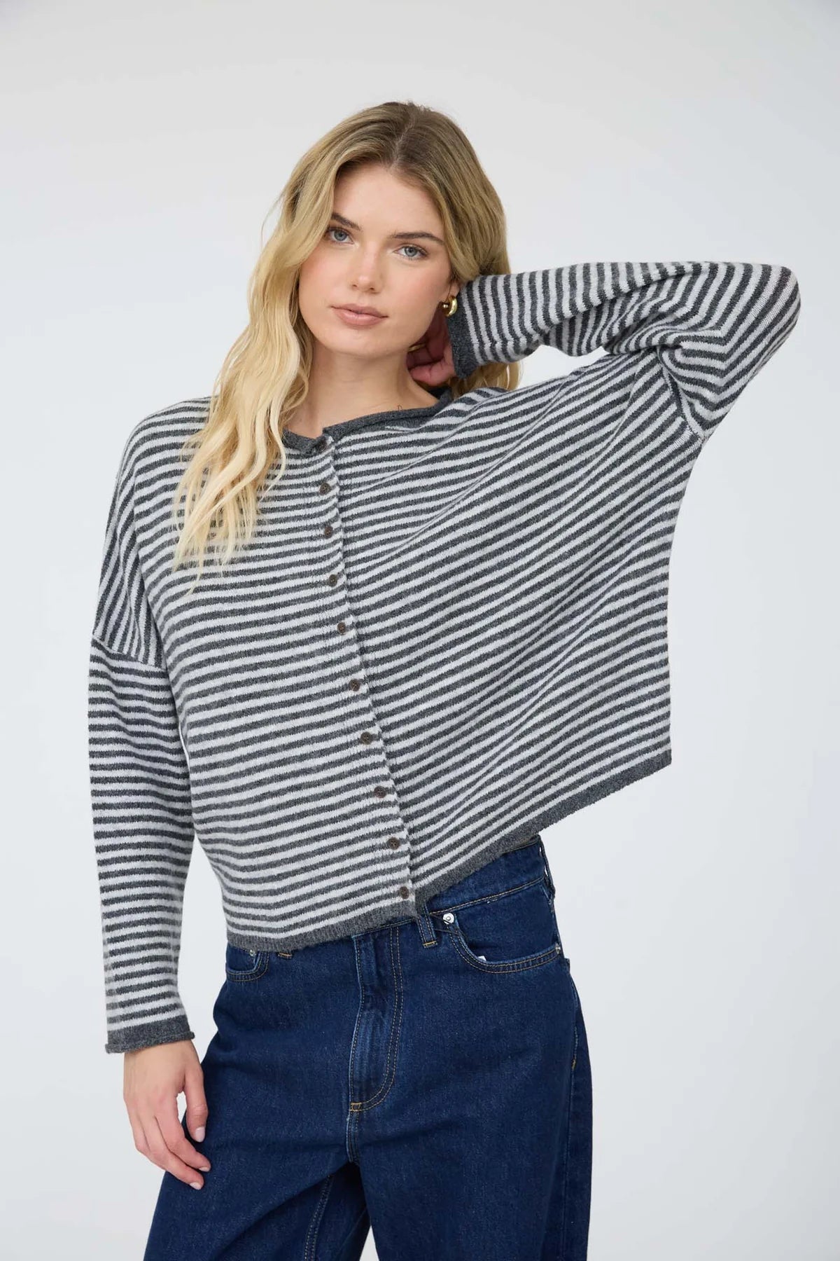 Stripe Drop Shoulder Raw Edge Cardigan