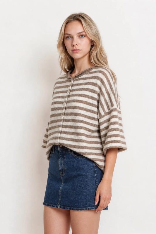 Raw Hem Short Sleeve Stripe Cardigan