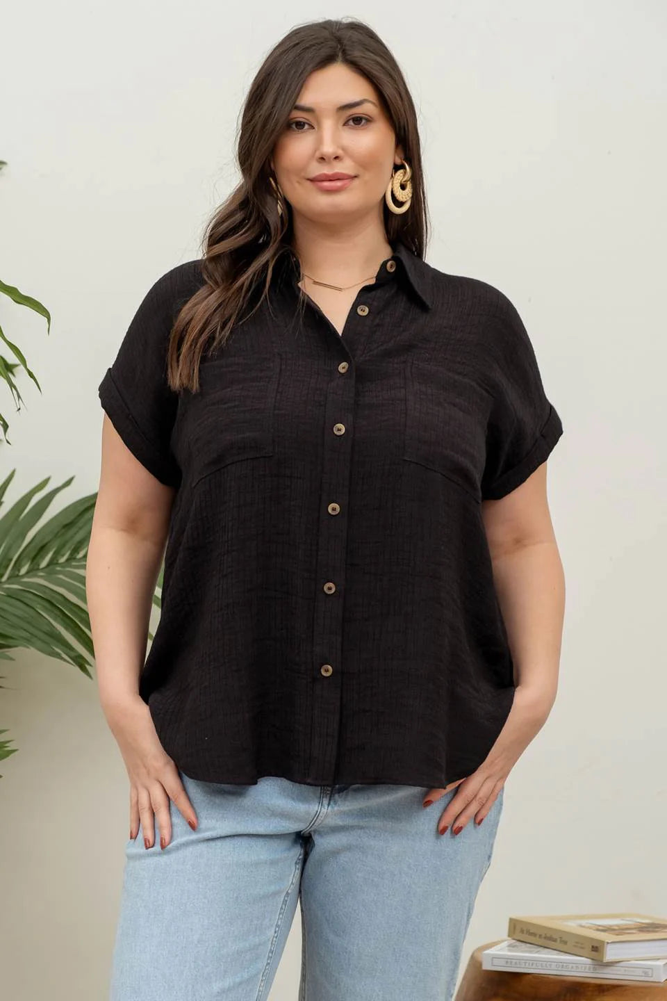 Curvy Button Up Pocket Shirt