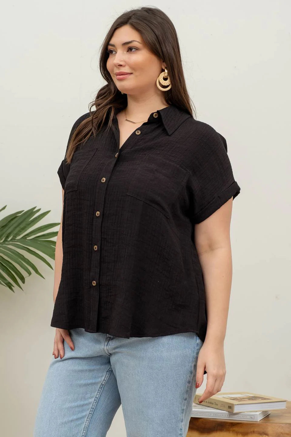 Curvy Button Up Pocket Shirt
