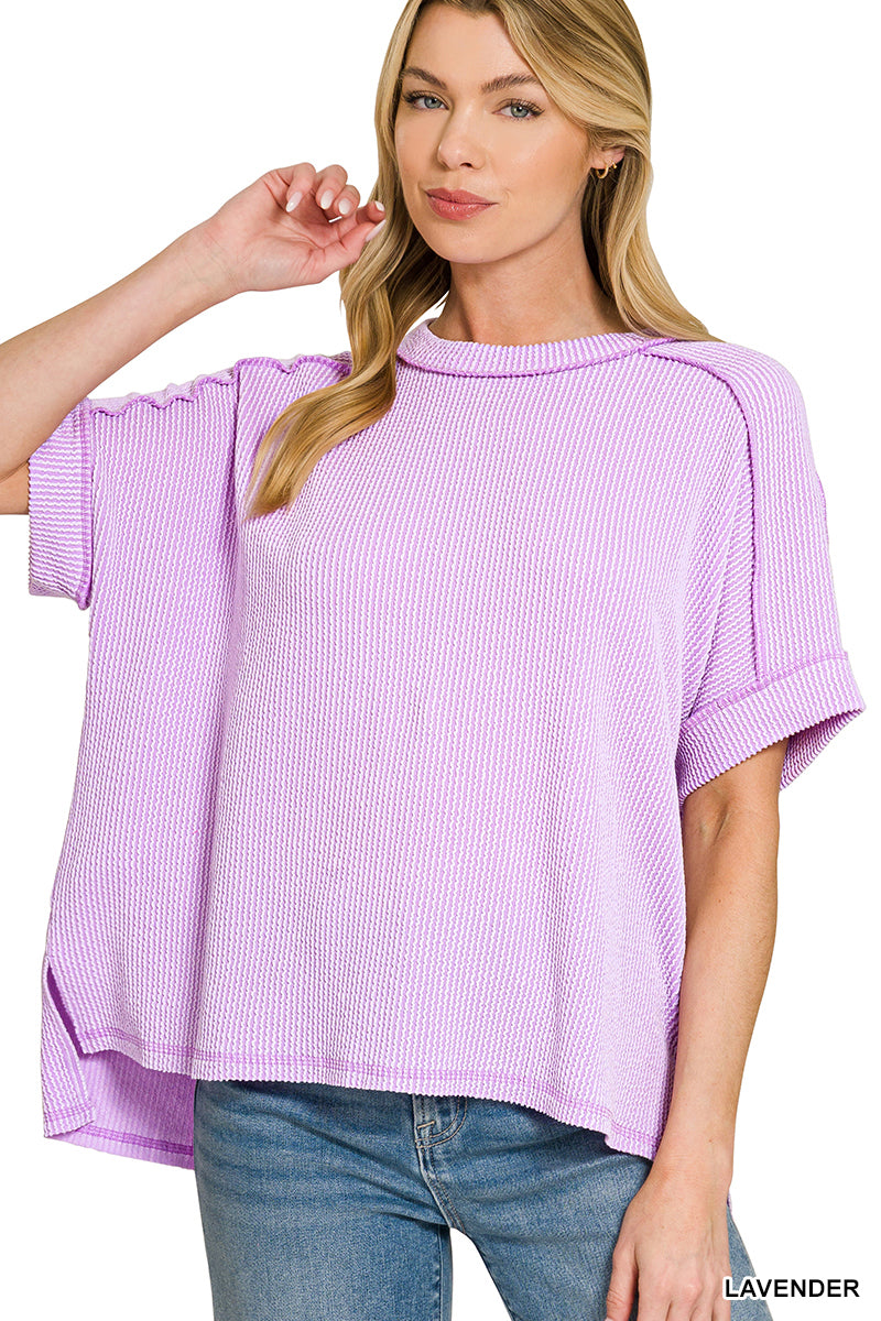 Raised Ribbed Cuff Sleeve Raw Edge Top