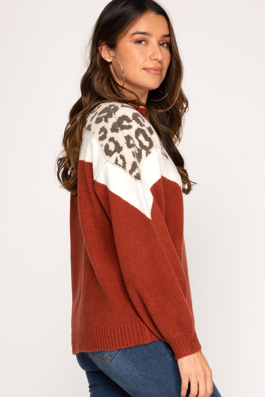 Colorblock Leopard Print Pullover Sweater