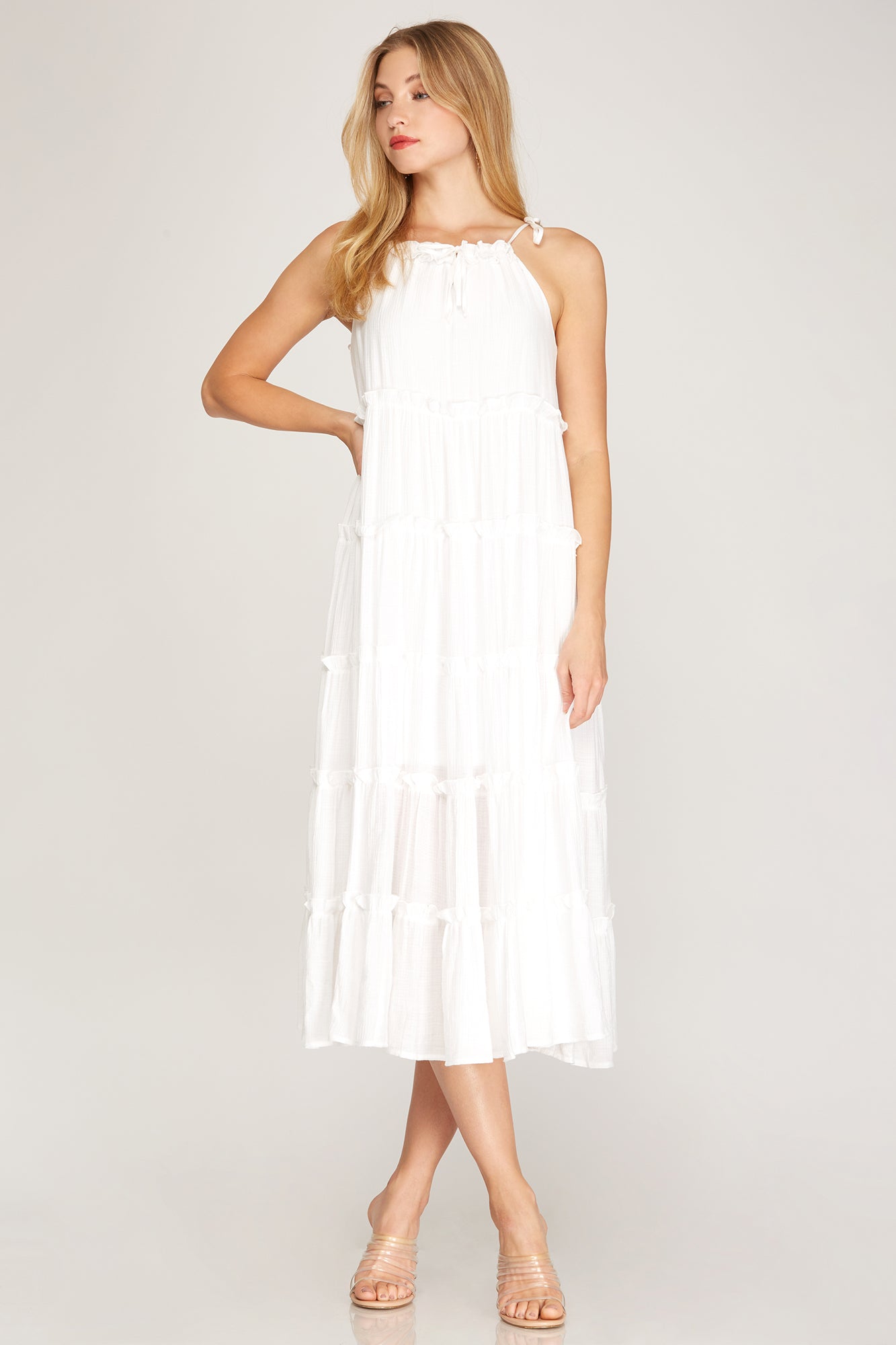 Tie Shoulder Tiered Dress