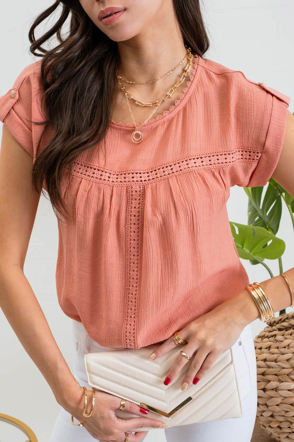 Lace Trim Roll Tab Blouse