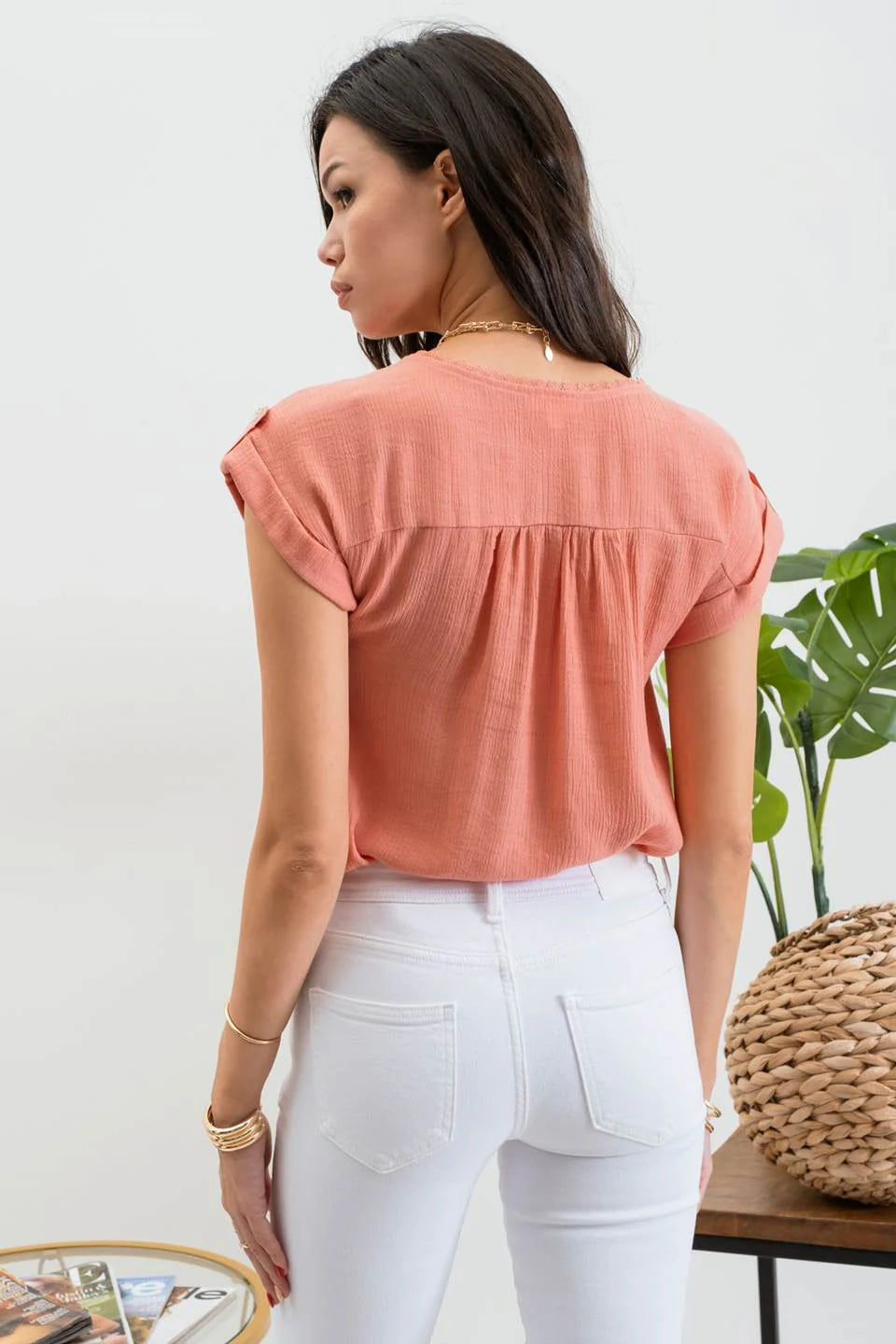 Lace Trim Roll Tab Blouse