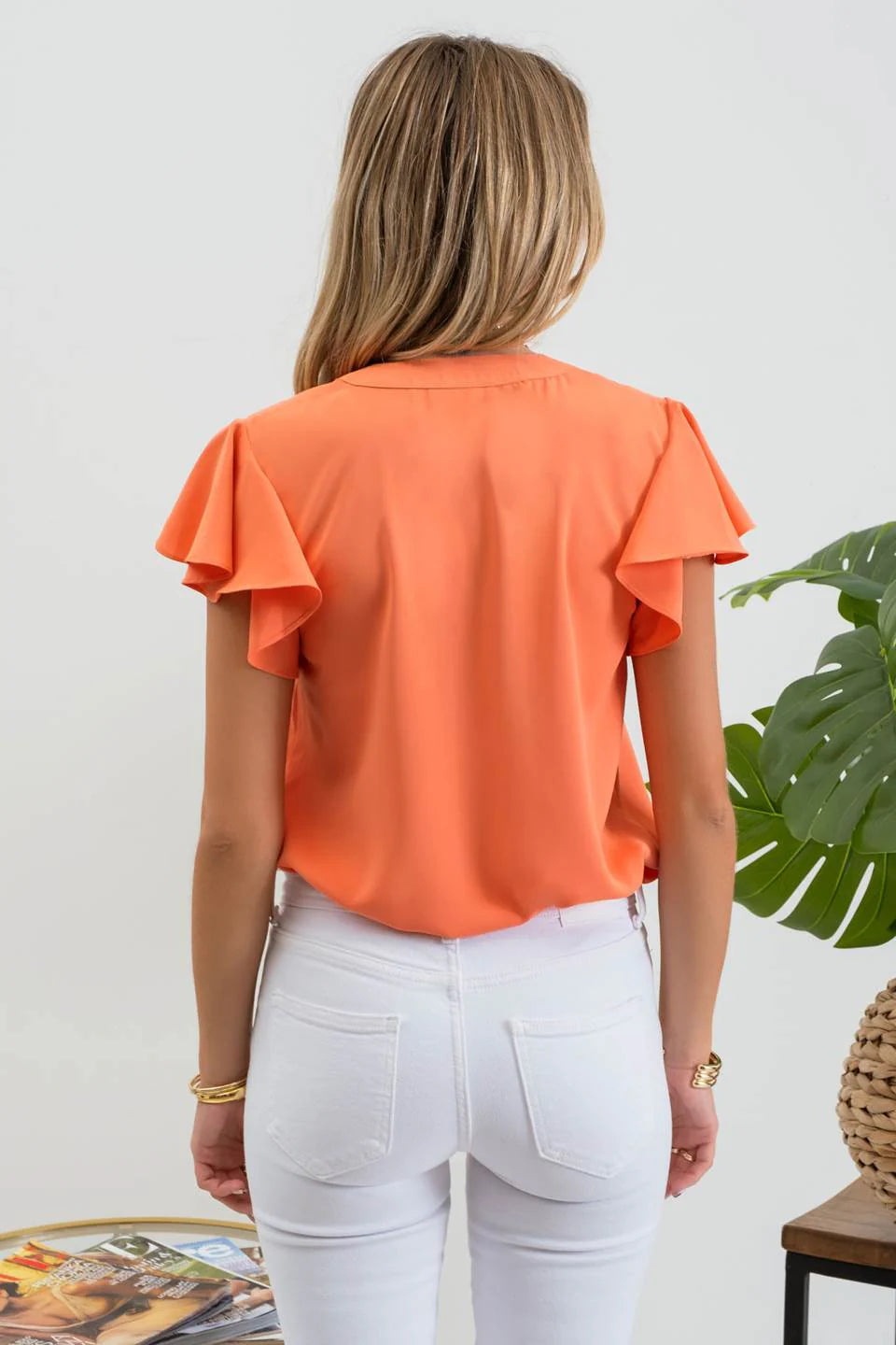 Pleated Split Neck Flutter Sleeve Top