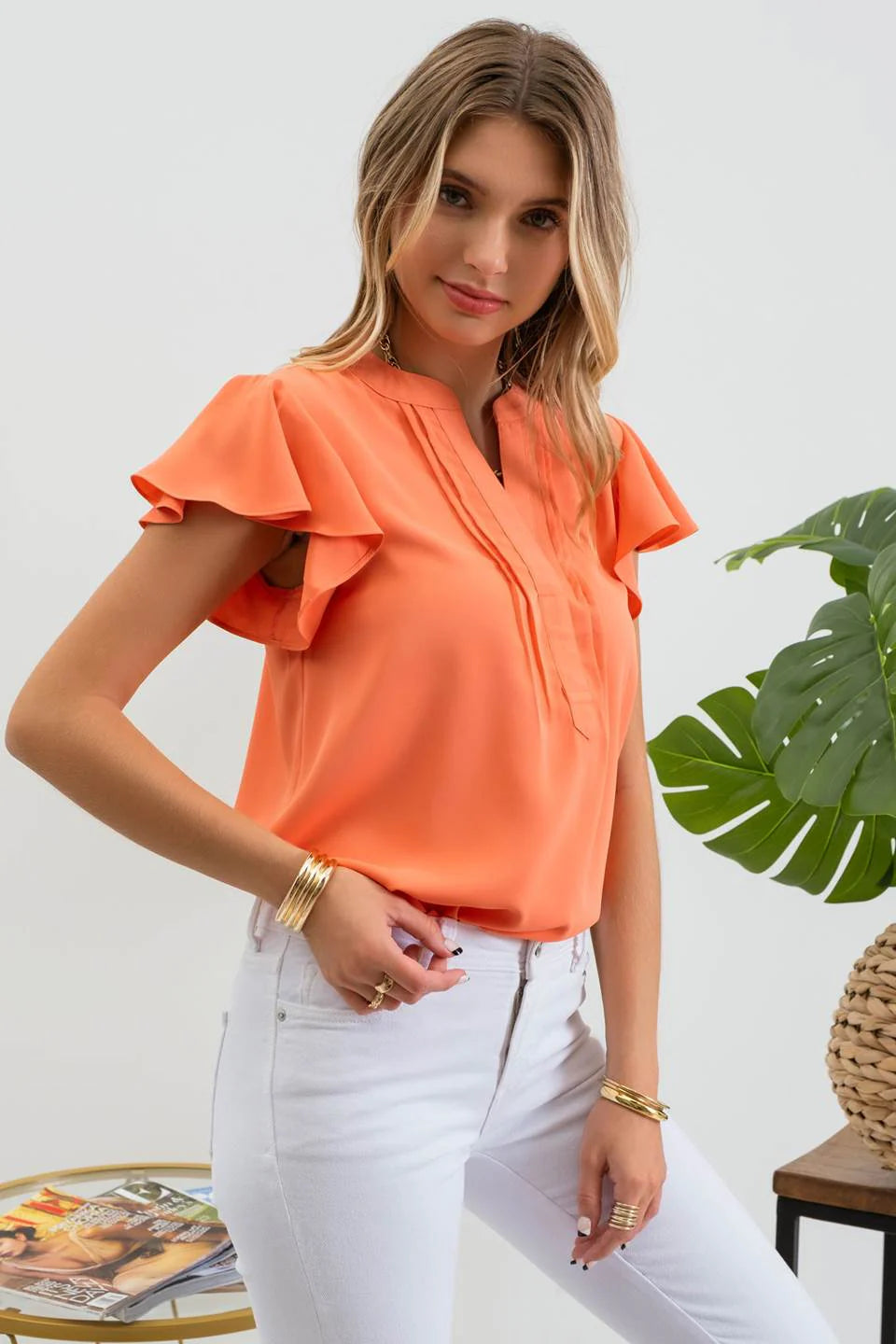 Pleated Split Neck Flutter Sleeve Top