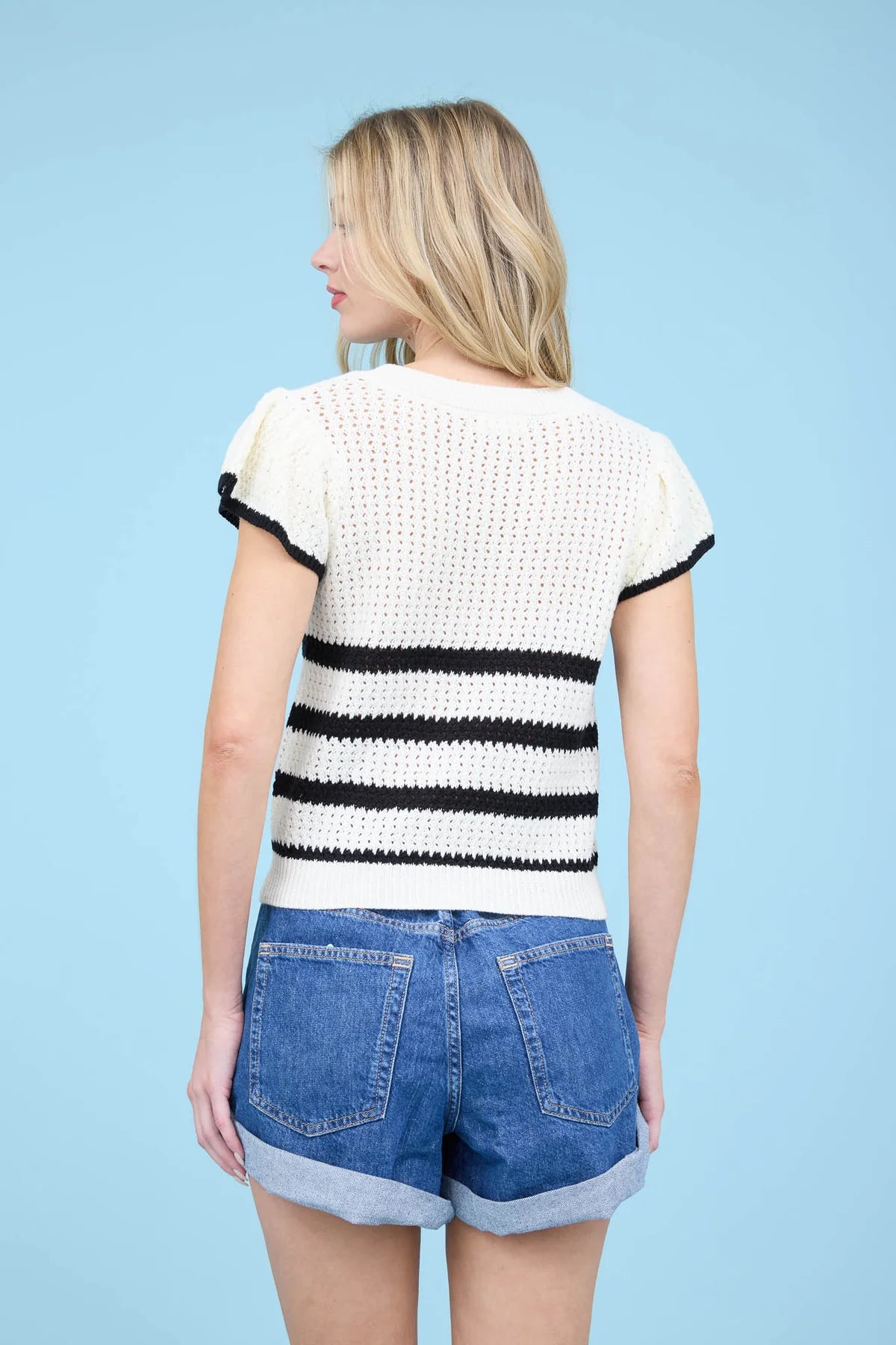 Short Sleeve Ruffle Crochet Detail Sweater