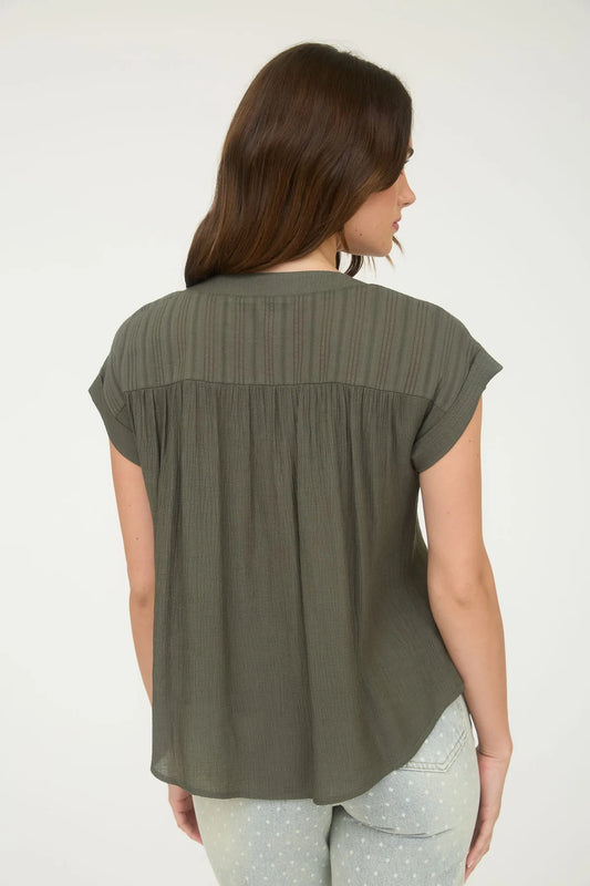 Eyelet Trim Half Button Short Sleeve Top