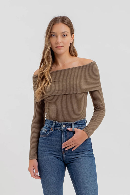 Fold Over Off The Shoulder Long Sleeve Top