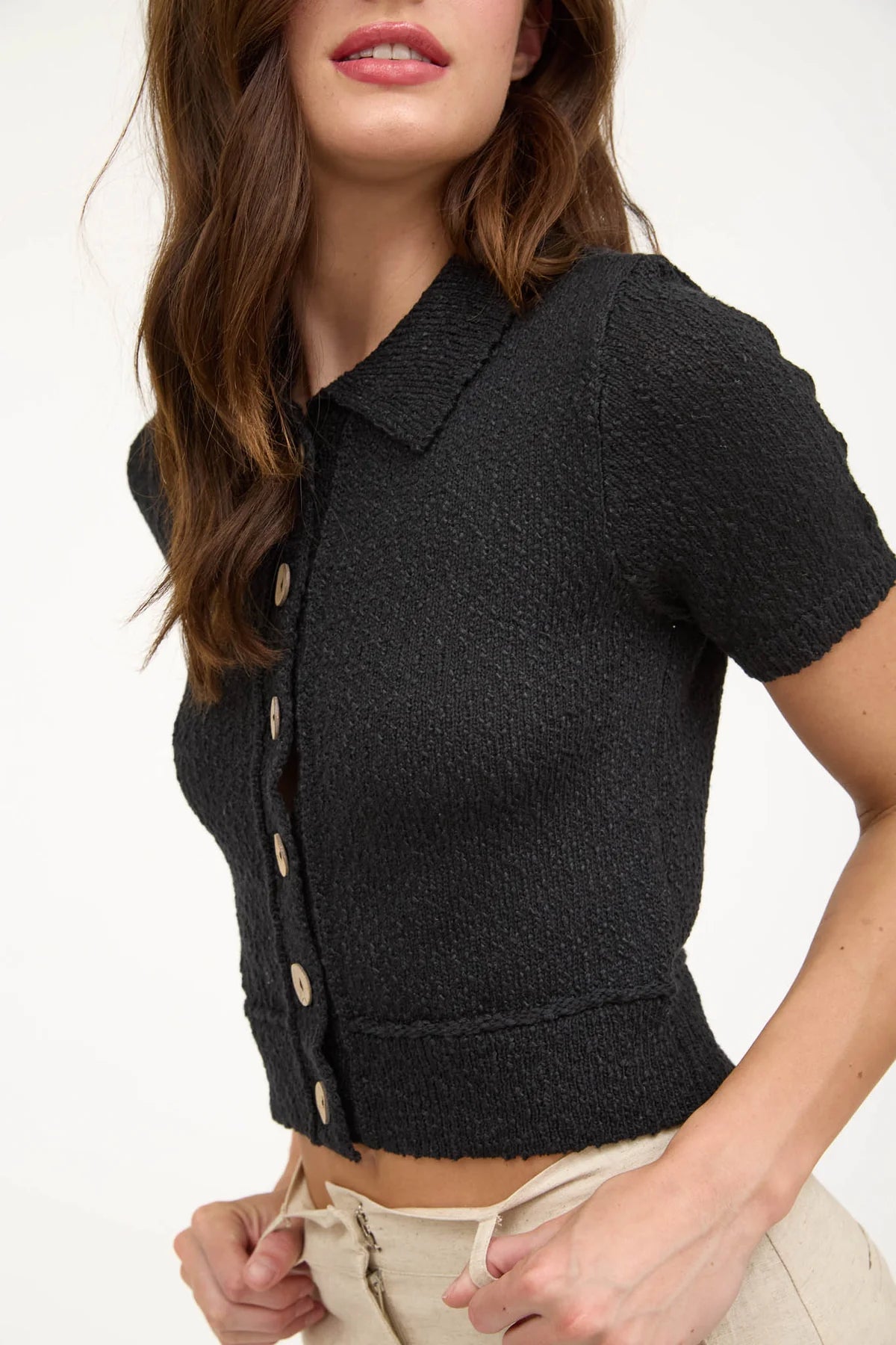 Texture Knit Collared Short Sleeve Sweater