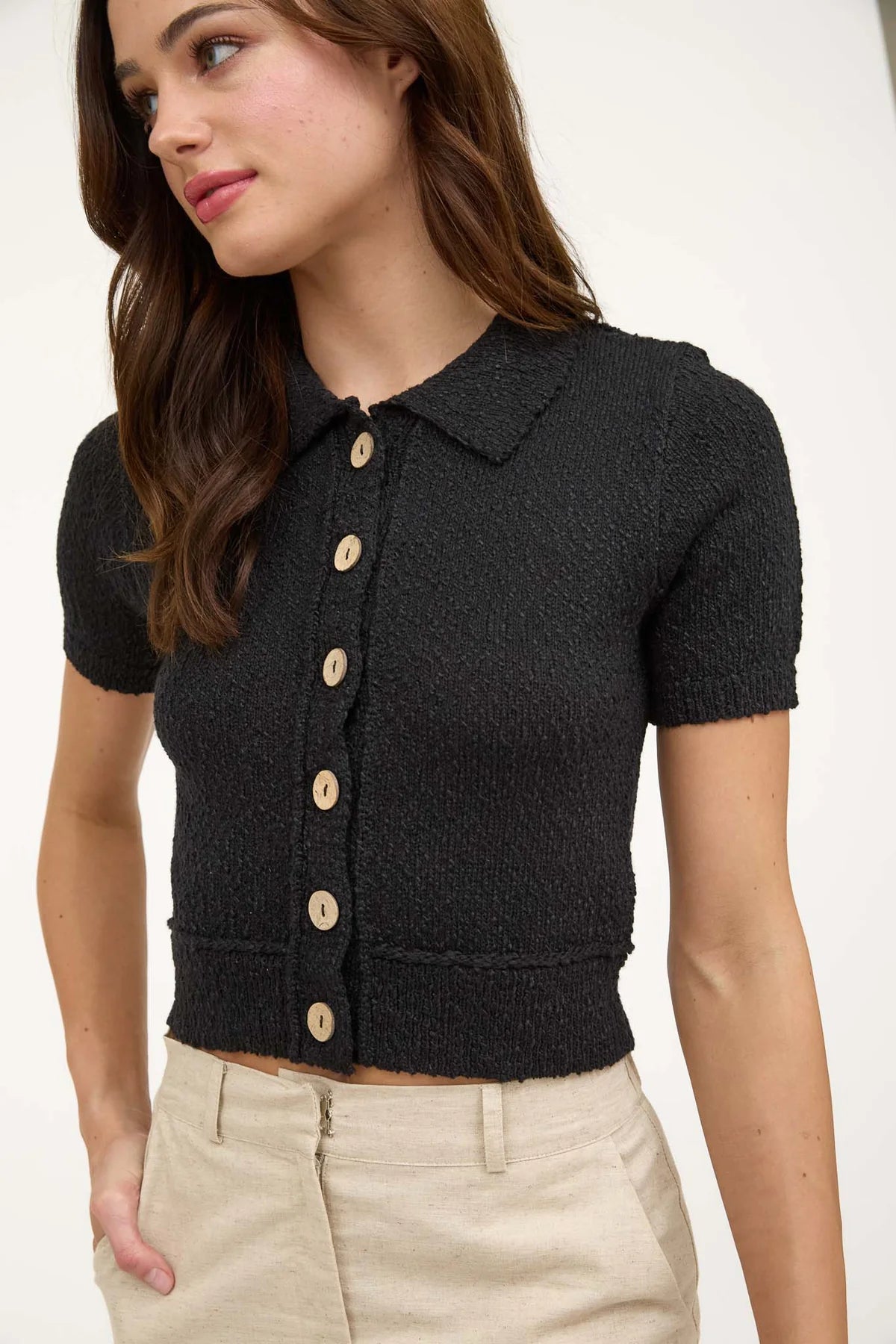 Texture Knit Collared Short Sleeve Sweater