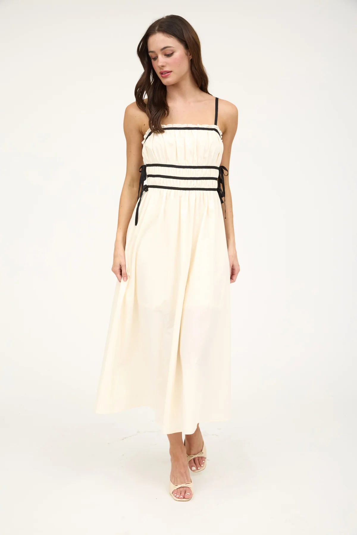 Ruched Ribbon Detail Spaghetti Strap Dress