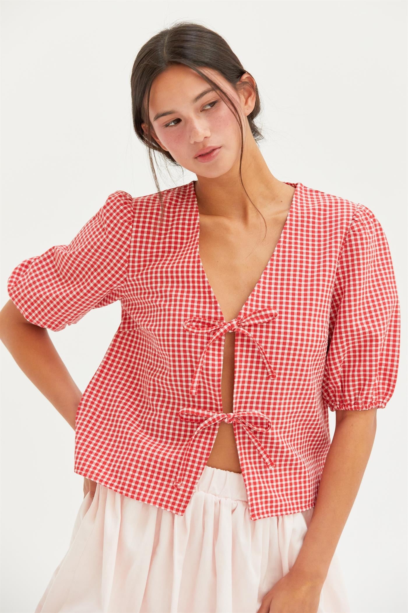 Gingham Tie Front Blouse