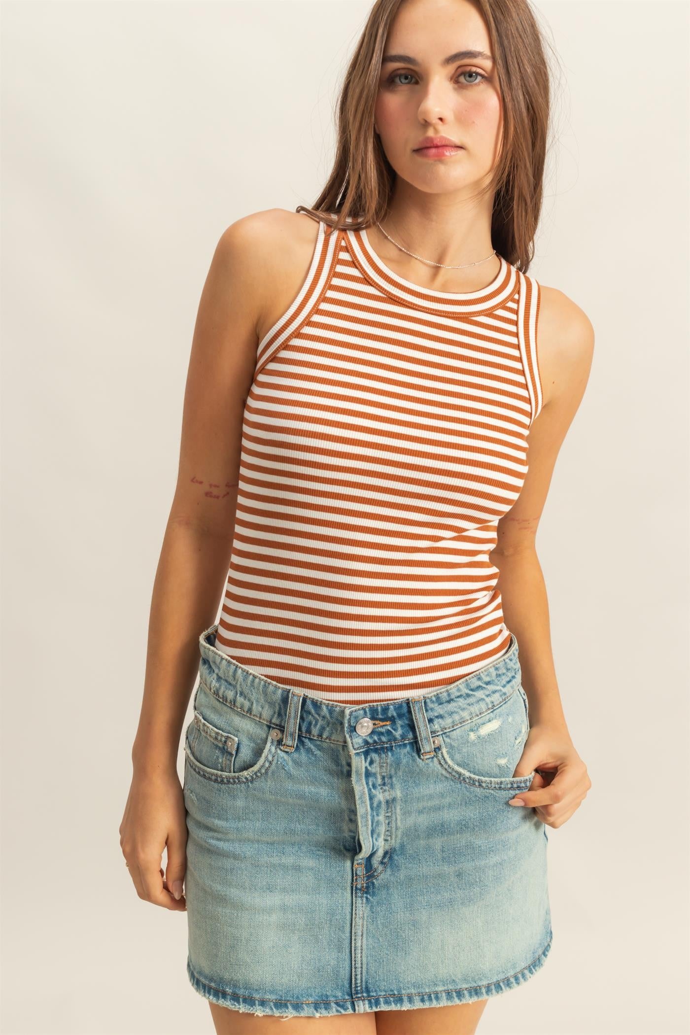 Stripe Fitted High Neck Tank