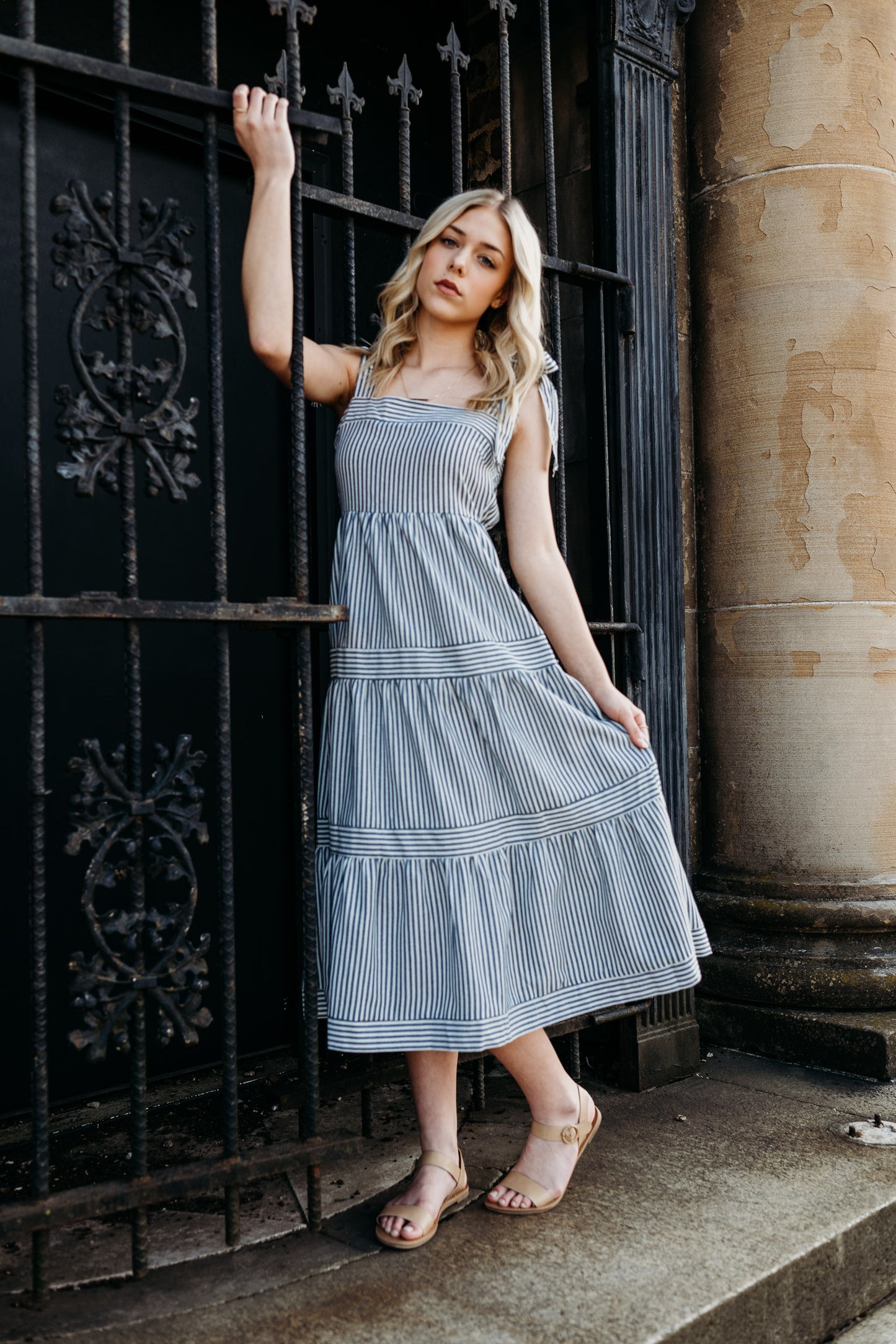 Striped Ribbon Tie Midi Dress