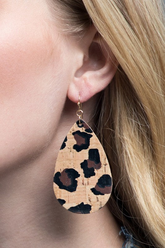 Leopard Cork Teardrop Earrings