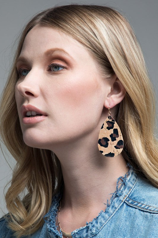 Leopard Cork Teardrop Earrings