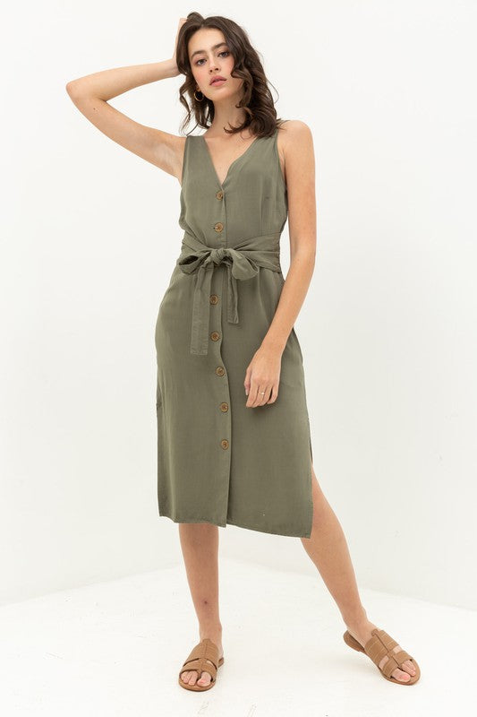 Button Front Tie Waist Midi Dress