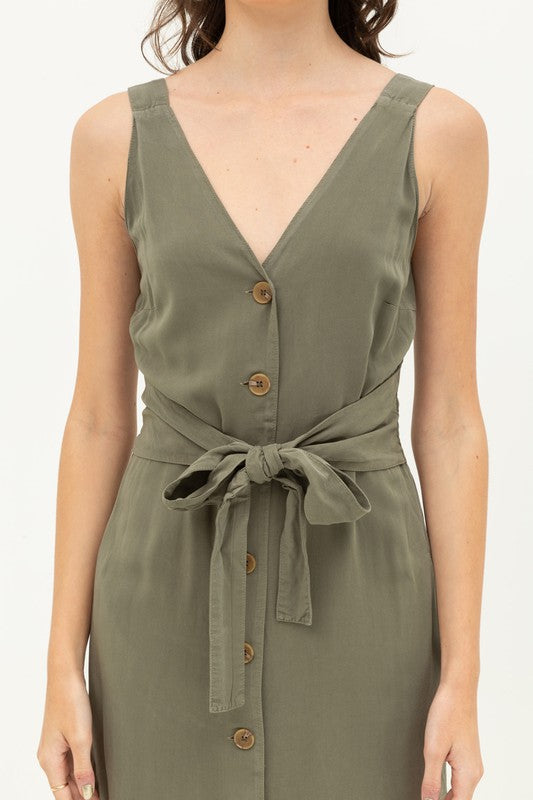 Button Front Tie Waist Midi Dress