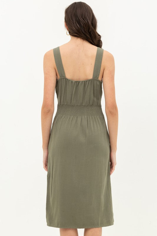 Button Front Tie Waist Midi Dress