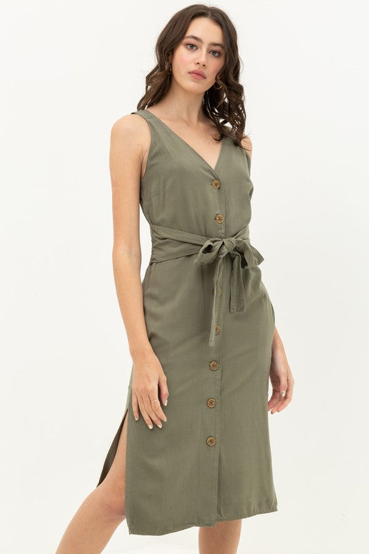 Button Front Tie Waist Midi Dress