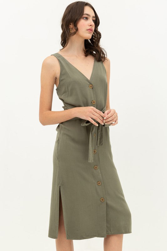 Button Front Tie Waist Midi Dress