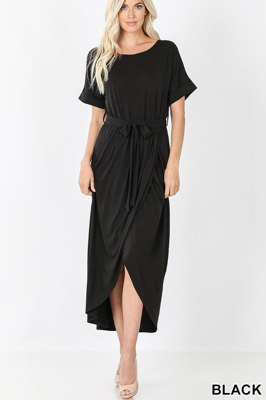 Belted Short Sleeve Tulip Dress
