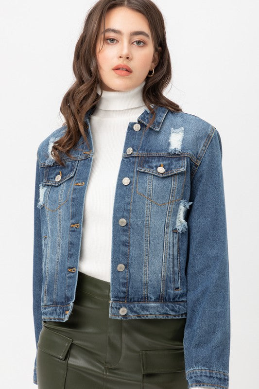 Distressed Waist Length Denim Jacket