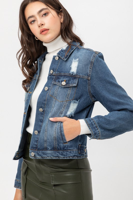 Distressed Waist Length Denim Jacket