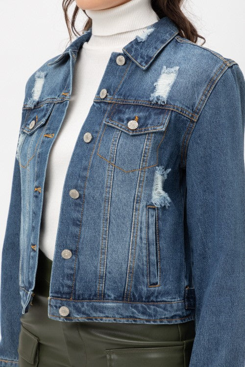 Distressed Waist Length Denim Jacket