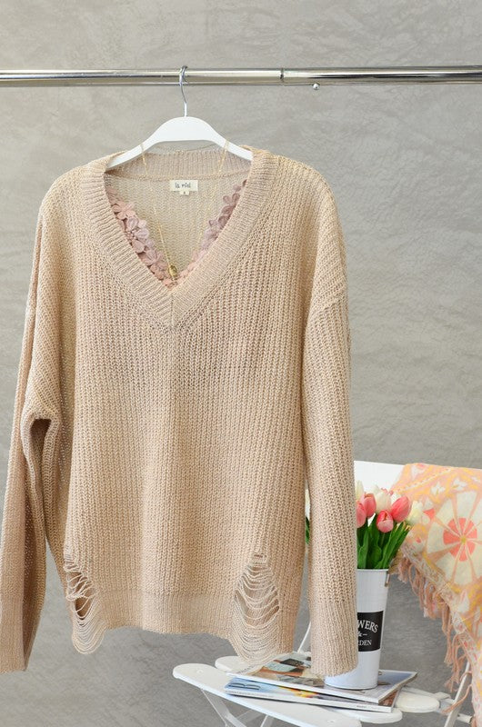Lightweight Distressed V-Neck Sweater