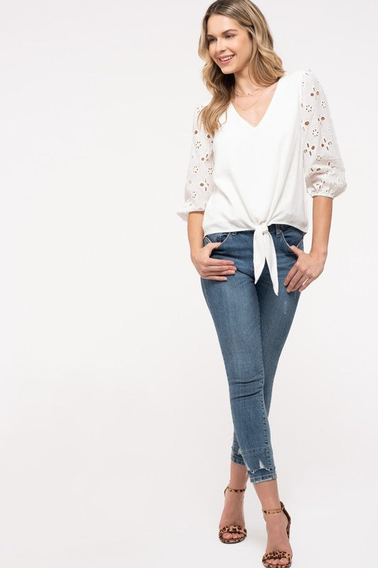 Eyelet Sleeve Tie Front Top