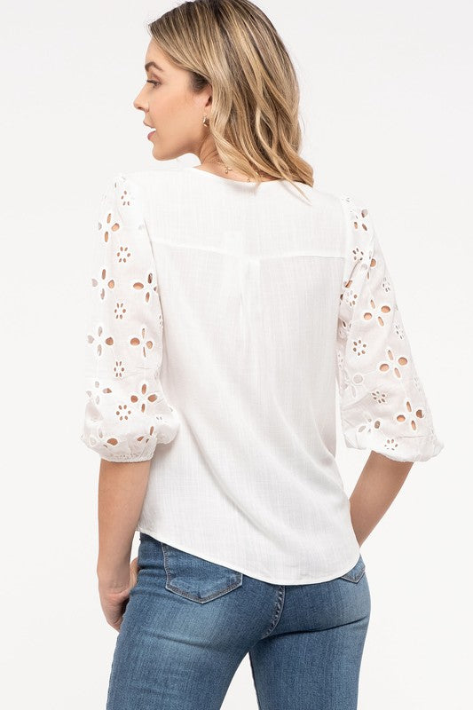 Eyelet Sleeve Tie Front Top