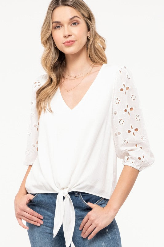 Eyelet Sleeve Tie Front Top